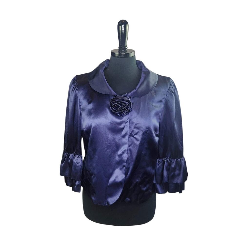 Marc Jacobs Silk Cotton Short Jacket Rosette Tiered Ruffle Sleeve Blue